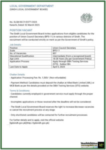 Sindh Local Government Announces 807 Vacancies for Union Council Secretary – Apply Now!