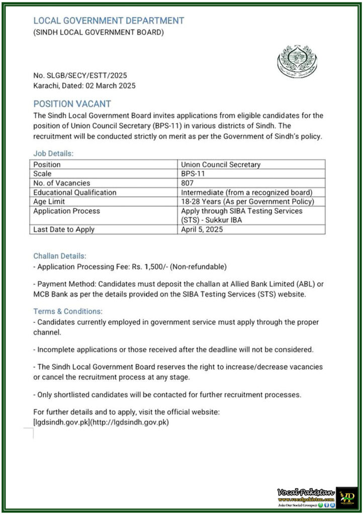 Sindh Local Government Announces 807 Vacancies for Union Council Secretary – Apply Now!