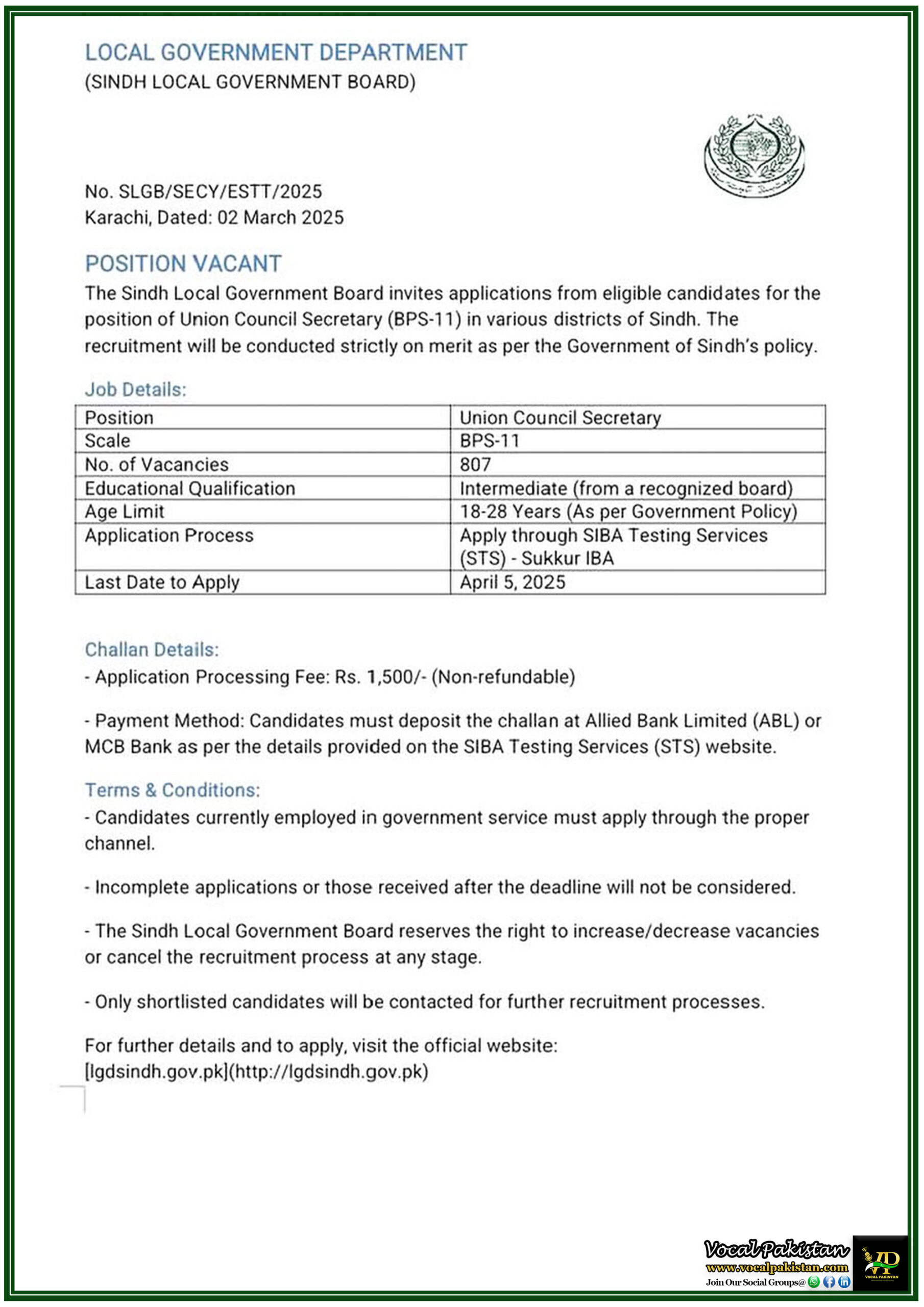 Sindh Local Government Announces 807 Vacancies for Union Council Secretary – Apply Now!