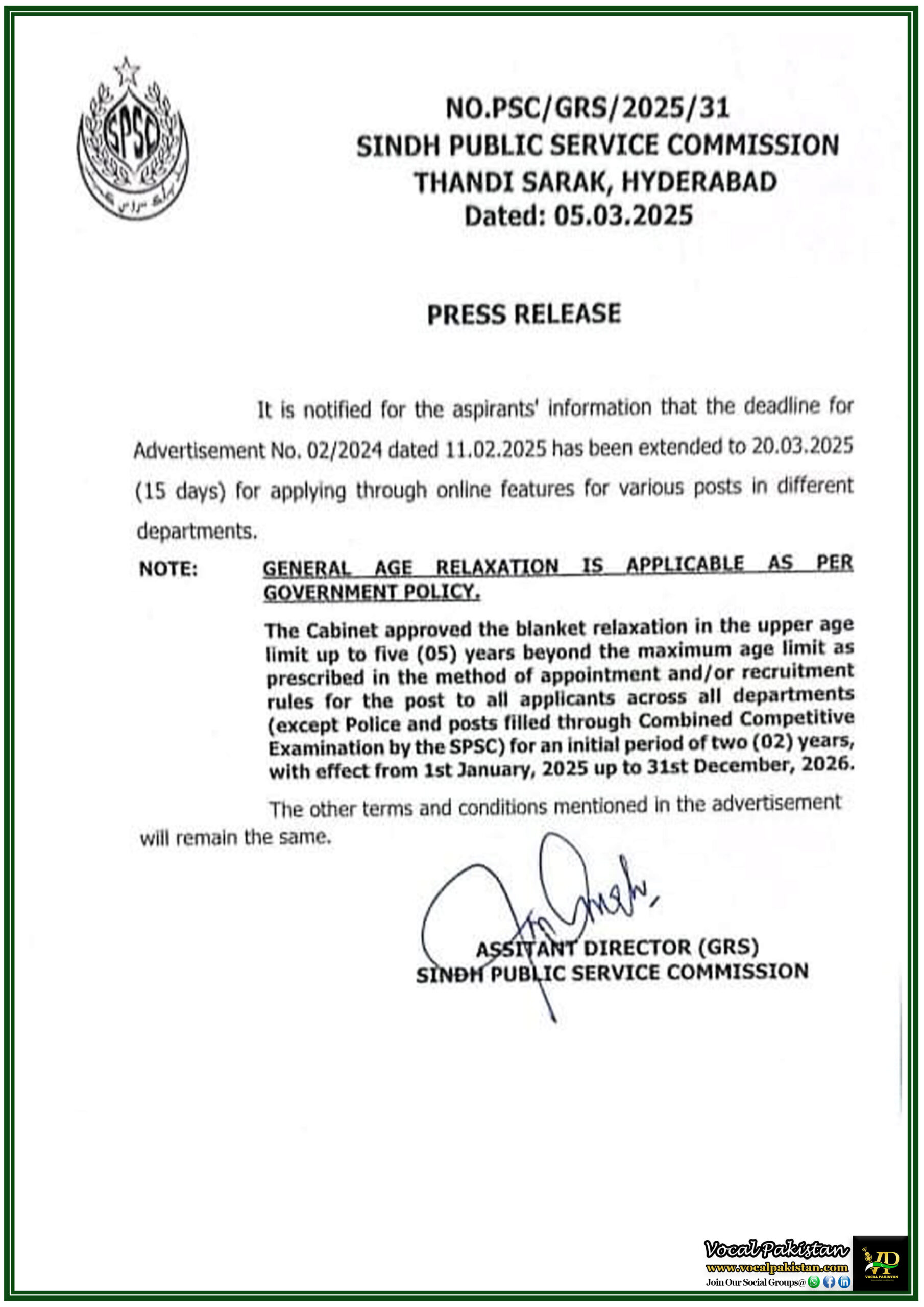 Sindh Public Service Commission Extends Application Deadline for Advertisement No. 022024–Apply Before March 20