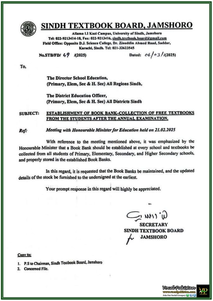 Sindh Schools Directs Schools to Collect Textbooks for Book for Free Textbooks–Official Notification