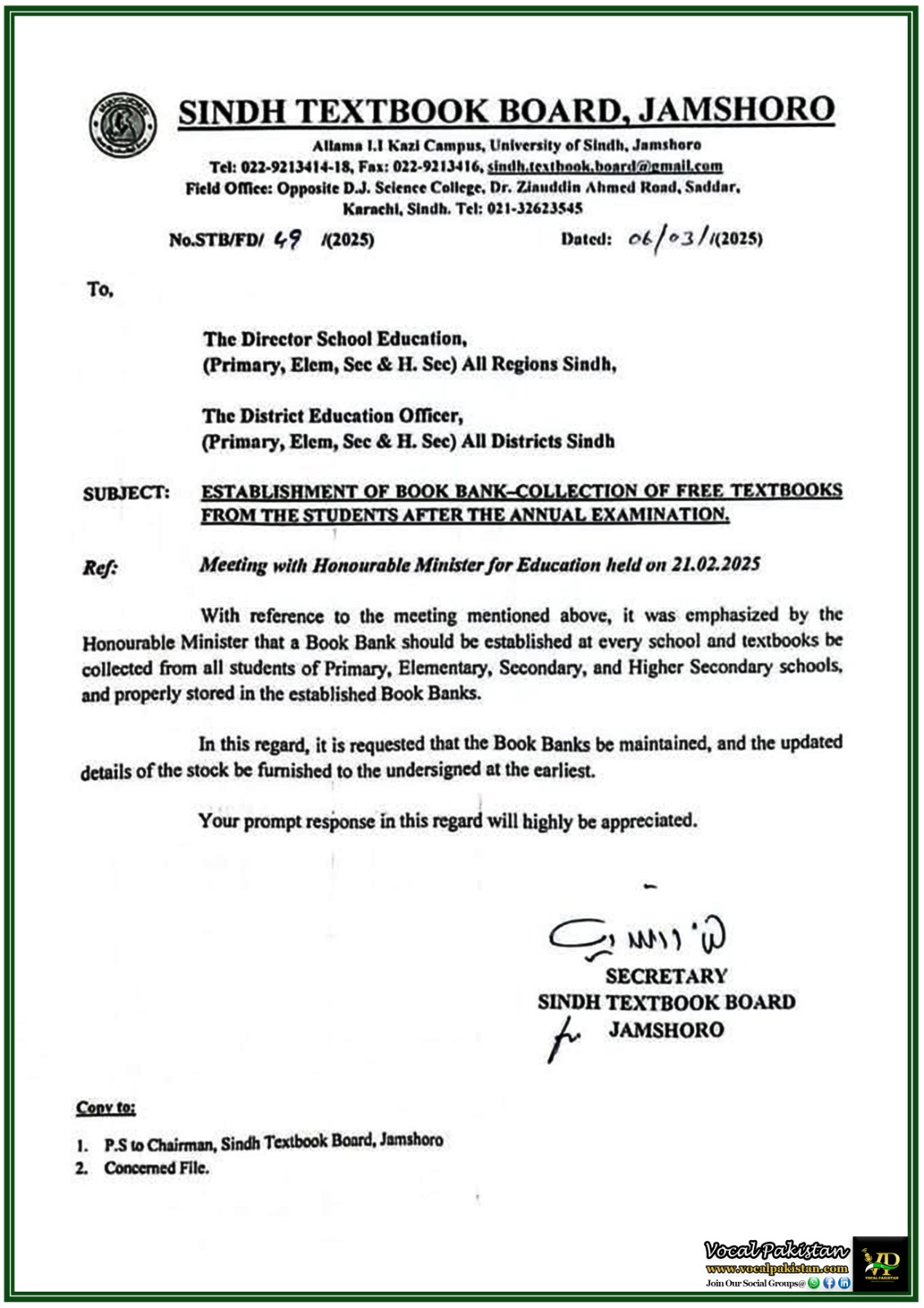 Sindh Schools Directs Schools to Collect Textbooks for Book for Free Textbooks–Official Notification