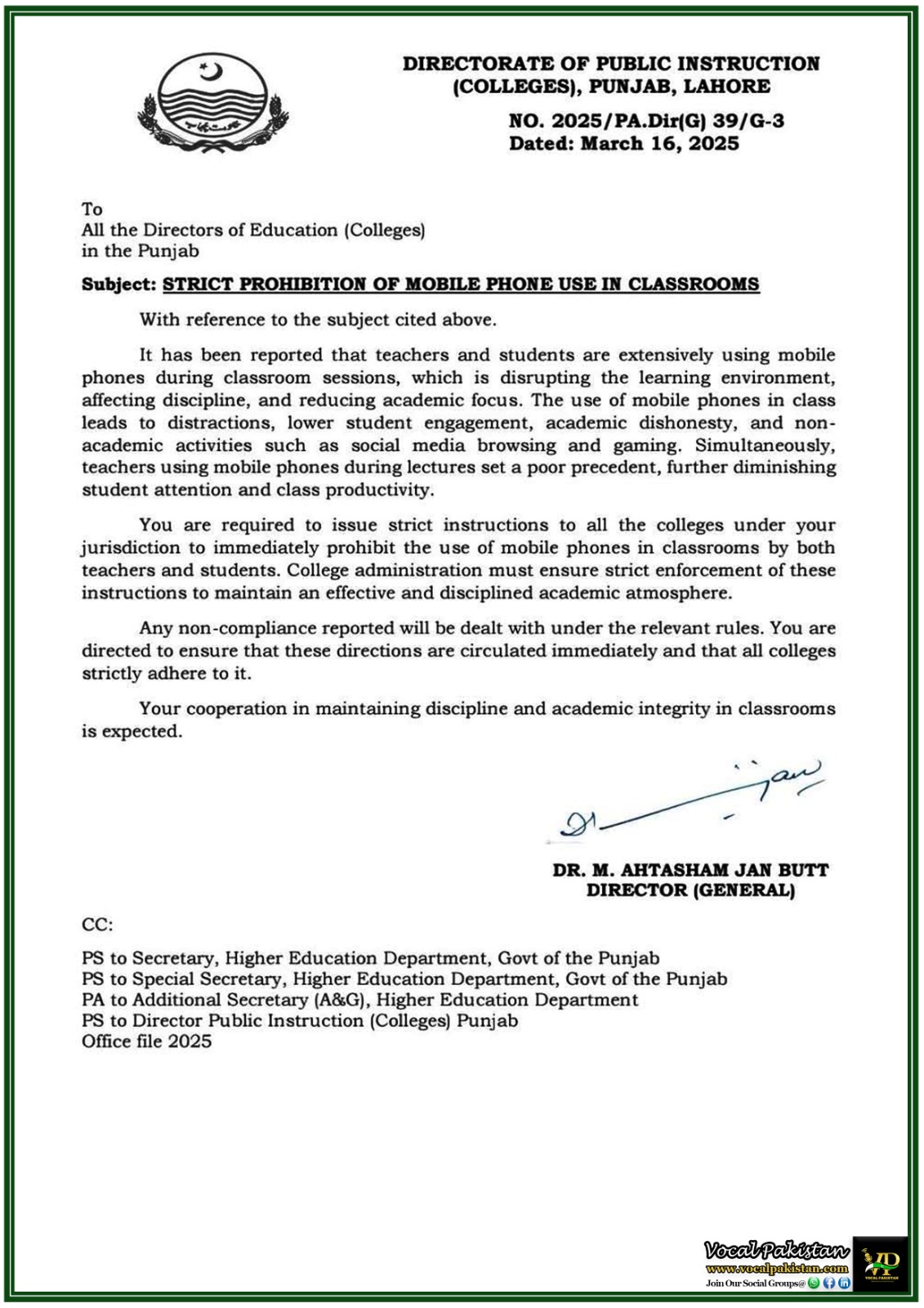 Strict Prohibition of Mobile Phones in Punjab Colleges’ Classrooms–Important Notification