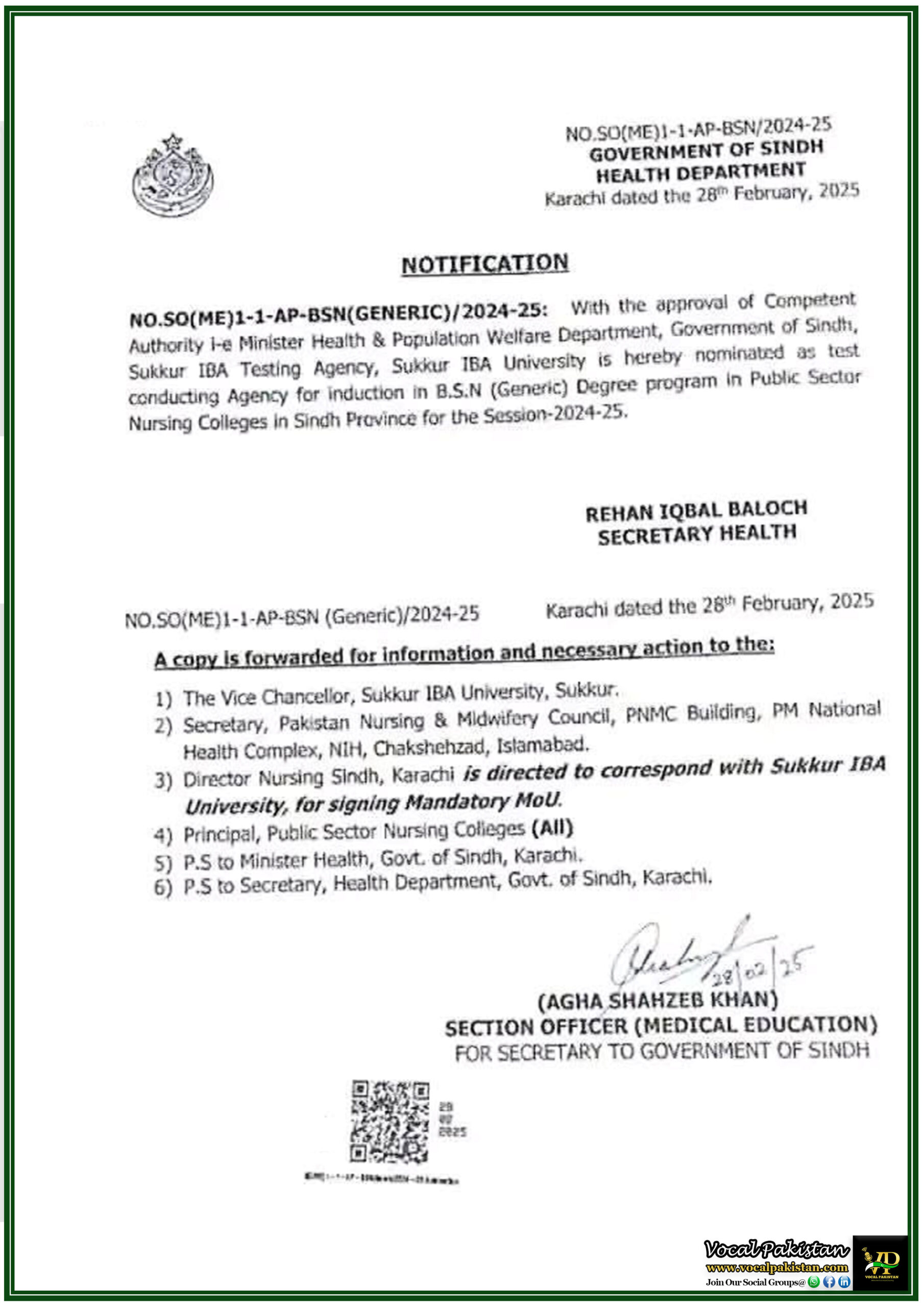 Sukkur IBA to Conduct Entry Test for BSN Generic Program 2024-25-Sindh Government Notification