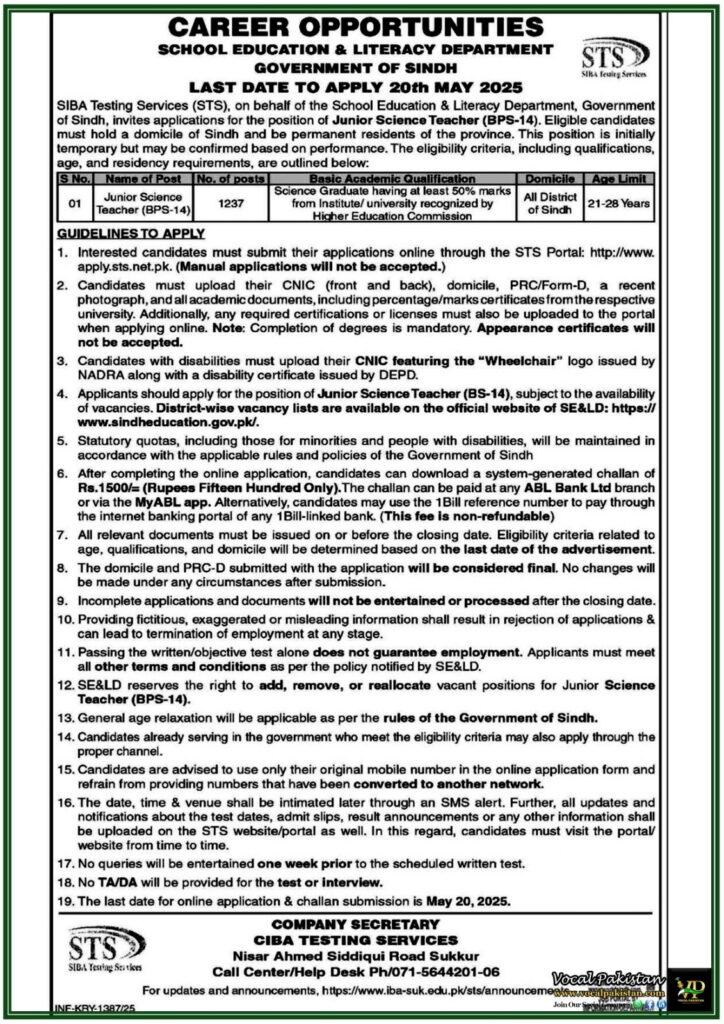 1237 Teaching Vacancies Announced by Sindh Government–Apply Online for Junior Science Teacher Government Jobs