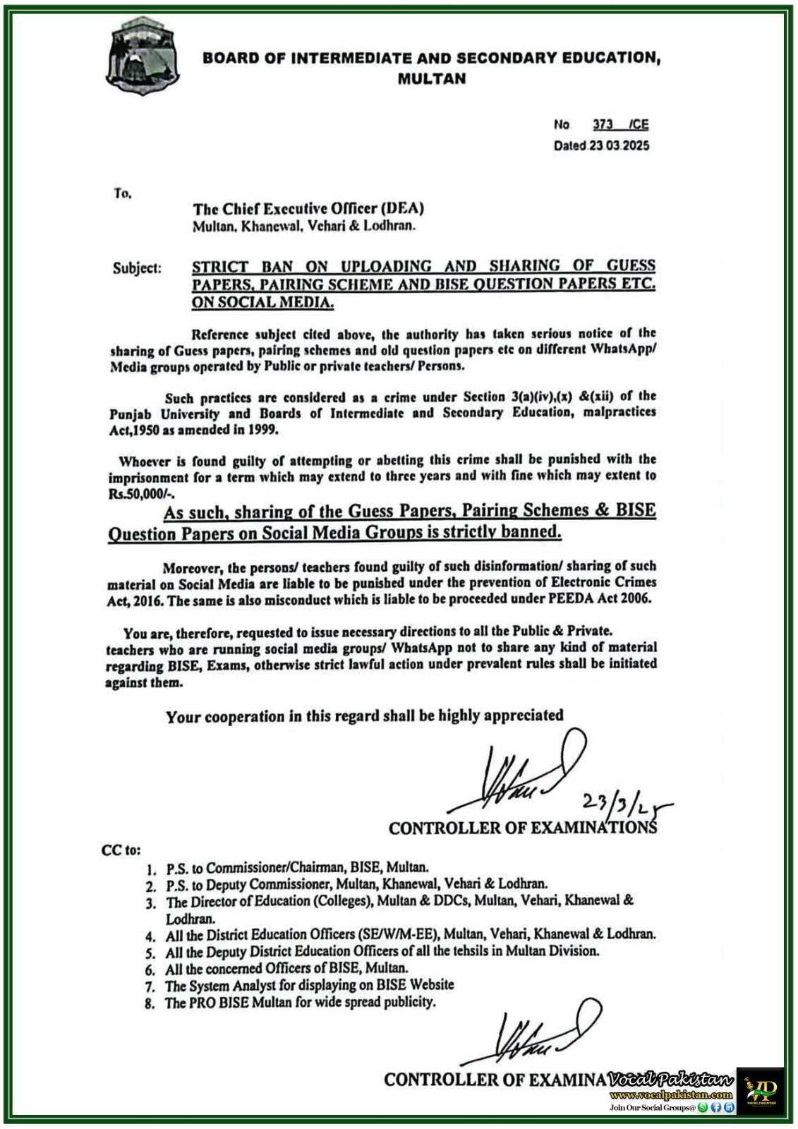 Punjab 5 BISE Multan Bans Sharing of Guess Papers & Pairing Schemes on Social Media–Official Notification