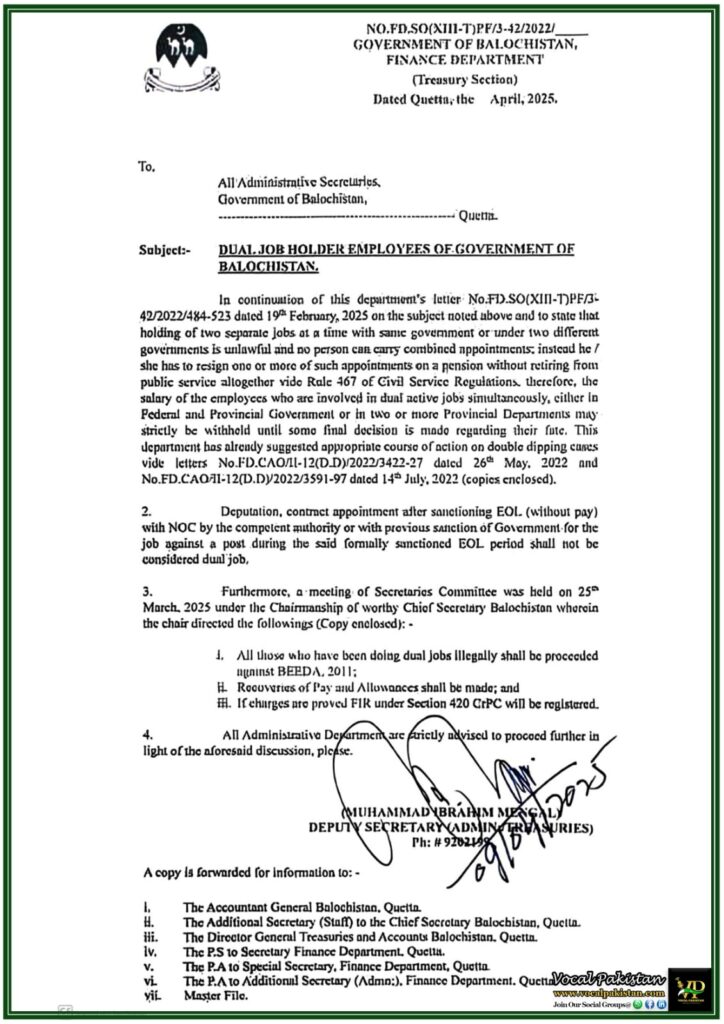 Balochistan Government Cracks Down on Dual Job Holders–Official Notification 10 Balochistan Government Cracks Down on Dual Job Holders–Official Notification
