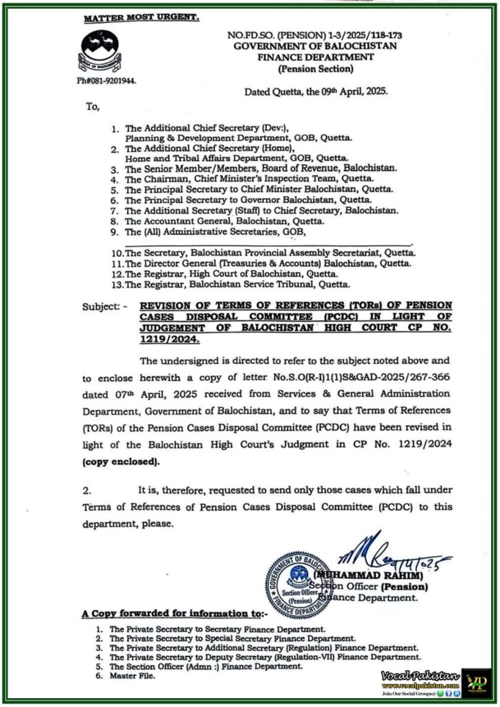 Balochistan Revises Pension Case Disposal Committee Rules–Official Government Notification 8 Balochistan Revises Pension Case Disposal Committee Rules–Official Government Notification