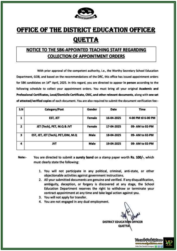 District Education Officer Quetta Issues Appointment Collection Notice for SBK Appointees–Government Notification 7 District Education Officer Quetta Issues Appointment Collection Notice for SBK Appointees–Government Notification