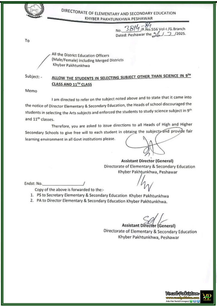 Education Reform: Khyber Pakhtunkhwa Government Ensures Students’ Right to Choose Subjects in 9th and 11th Grades–Official Notification 3 Education Reform Khyber Pakhtunkhwa Government Ensures Students’ Right to Choose Subjects in 9th and 11th Grades–Official Notification