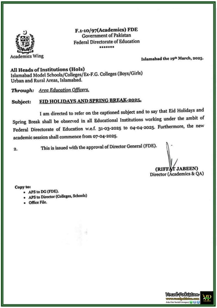 Eid Holidays & Spring Break 2025 Announced for Islamabad Schools–Official Notification