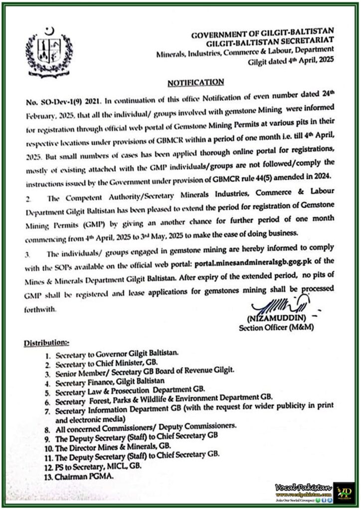 Gemstone Mining Permit Registration Extended in Gilgit-Baltistan–Official Notification 1 Gemstone Mining Permit Registration Extended in Gilgit-Baltistan–Official Notification