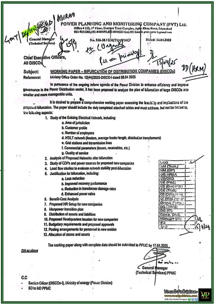 Government Moves Toward DISCOs Bifurcation – PPMC Seeks Working Papers-Notification