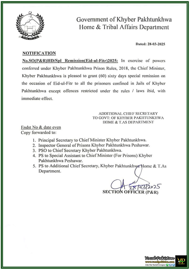 Khyber Pakhtunkhwa Announces 60-Days Special Remission for Prisoners on Eid-ul-Fitr 2025–Official Notification 5 Khyber Pakhtunkhwa Announces 60-Days Special Remission for Prisoners on Eid-ul-Fitr 2025–Official Notification