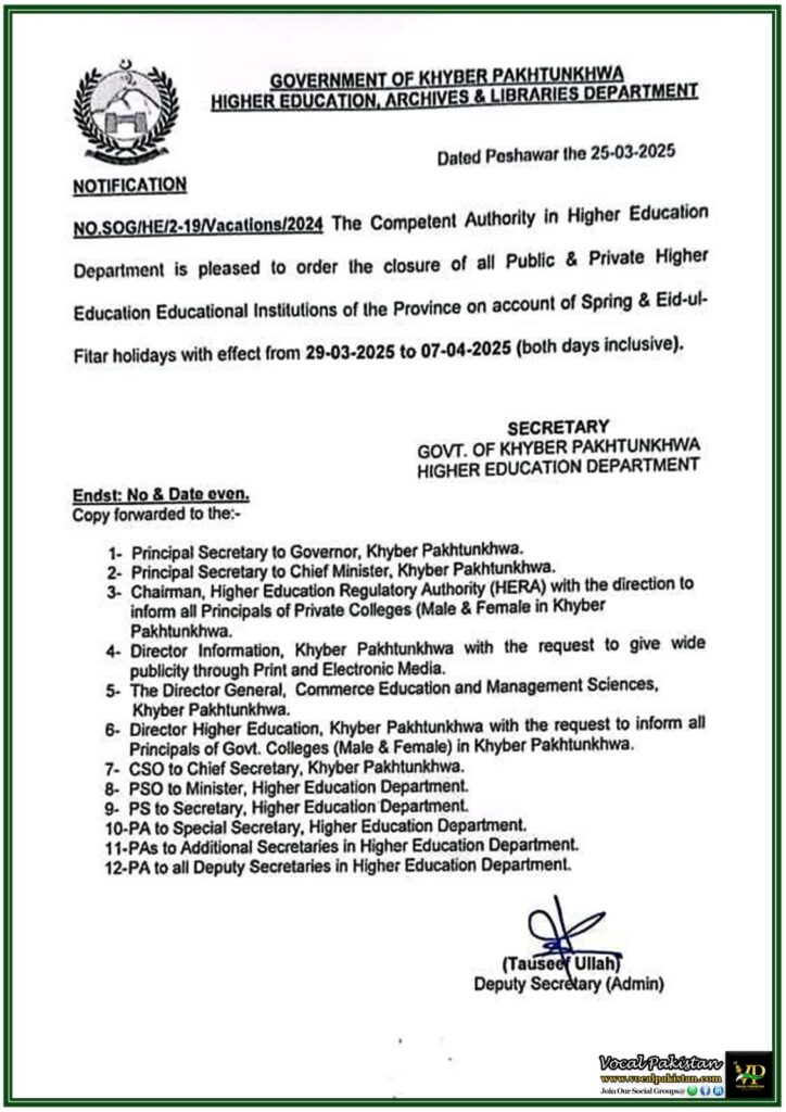 Khyber Pakhtunkhwa Announces Spring & Eid-ul-Fitr Holidays for Colleges & Universities–Notification 4 Khyber Pakhtunkhwa Announces Spring & Eid-ul-Fitr Holidays for Colleges & Universities–Notification