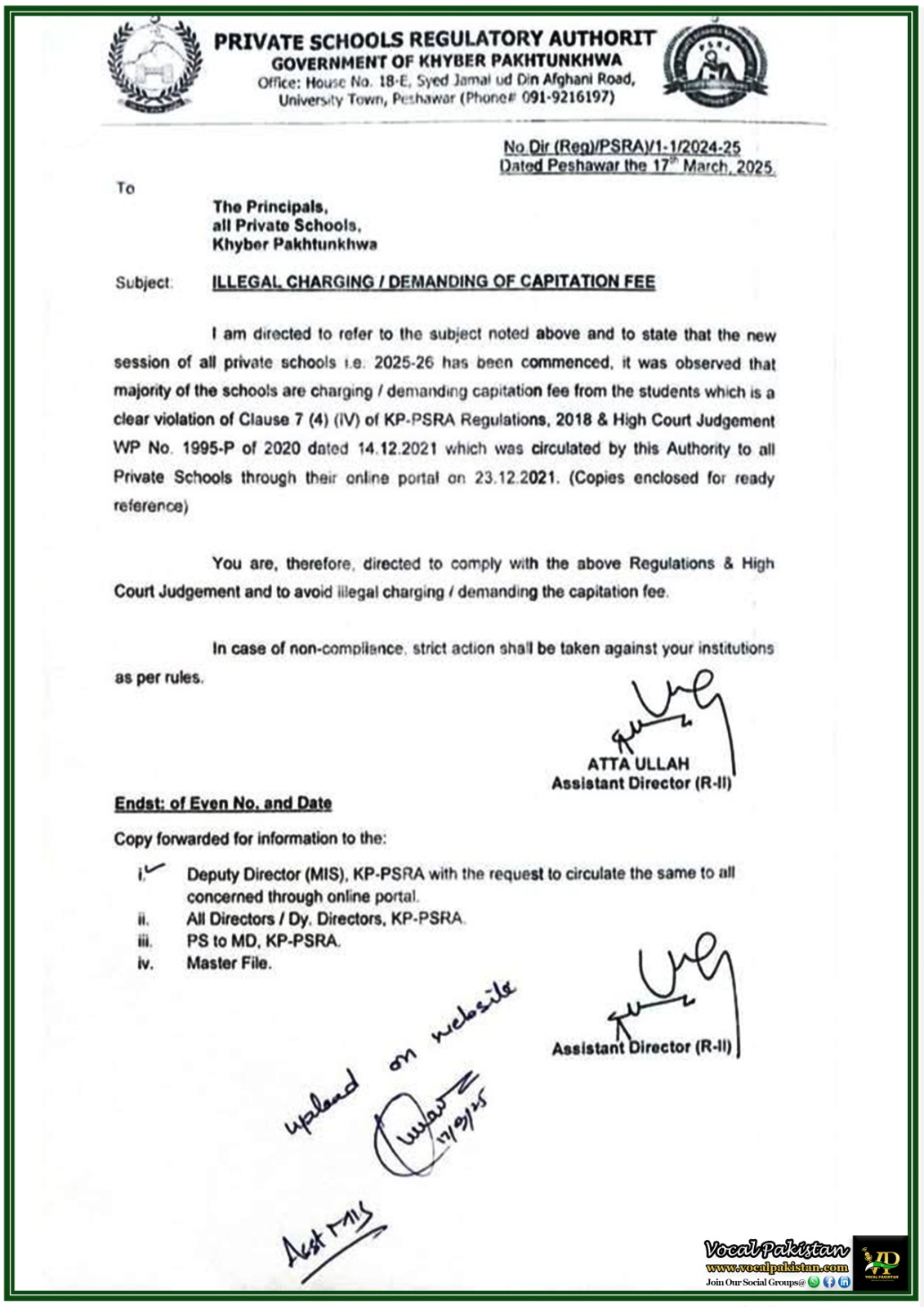 Khyber Pakhtunkhwa Government Bans Illegal Capitation Fee in Private Schools–Official Notification Issued
