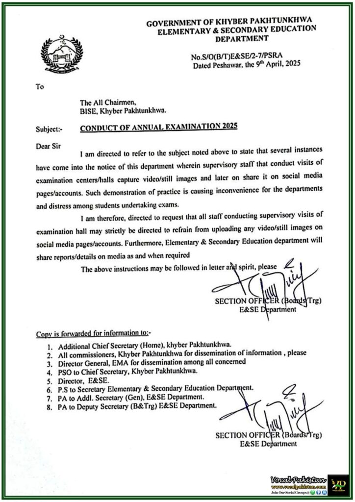 Khyber Pakhtunkhwa Government Bans Sharing of Exam Hall Footage on Social Media–Official Notification