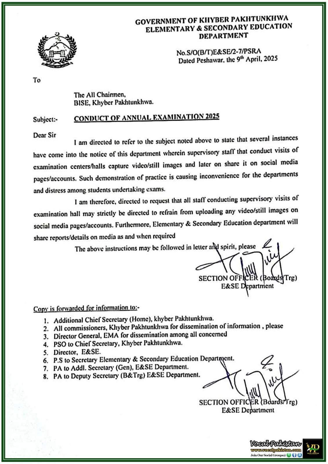 Khyber Pakhtunkhwa Government Bans Sharing of Exam Hall Footage on Social Media–Official Notification