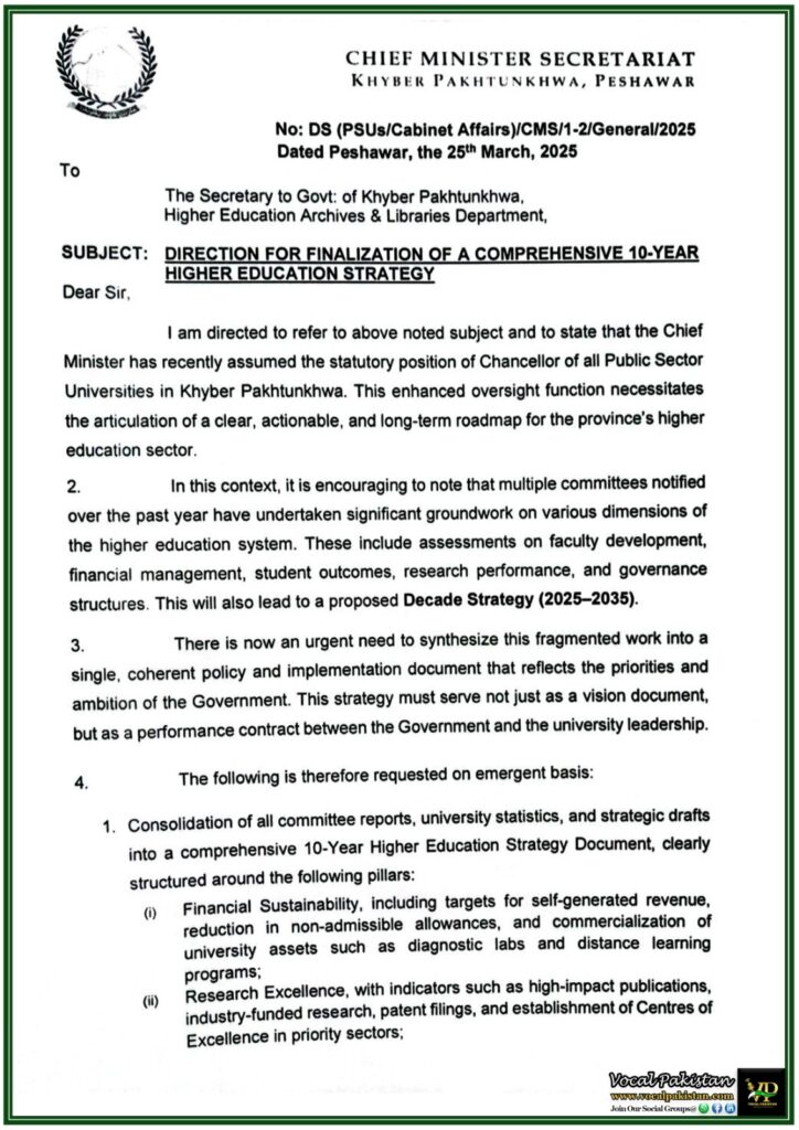 Khyber Pakhtunkhwa Government Directs Formulation of 10-Year Higher Education Strategy–Official Notification 5 Khyber Pakhtunkhwa Government Directs Formulation of 10-Year Higher Education Strategy–Official Notification