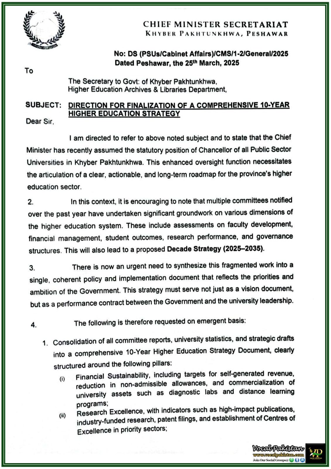 KPK 5 Khyber Pakhtunkhwa Government Directs Formulation of 10-Year Higher Education Strategy–Official Notification