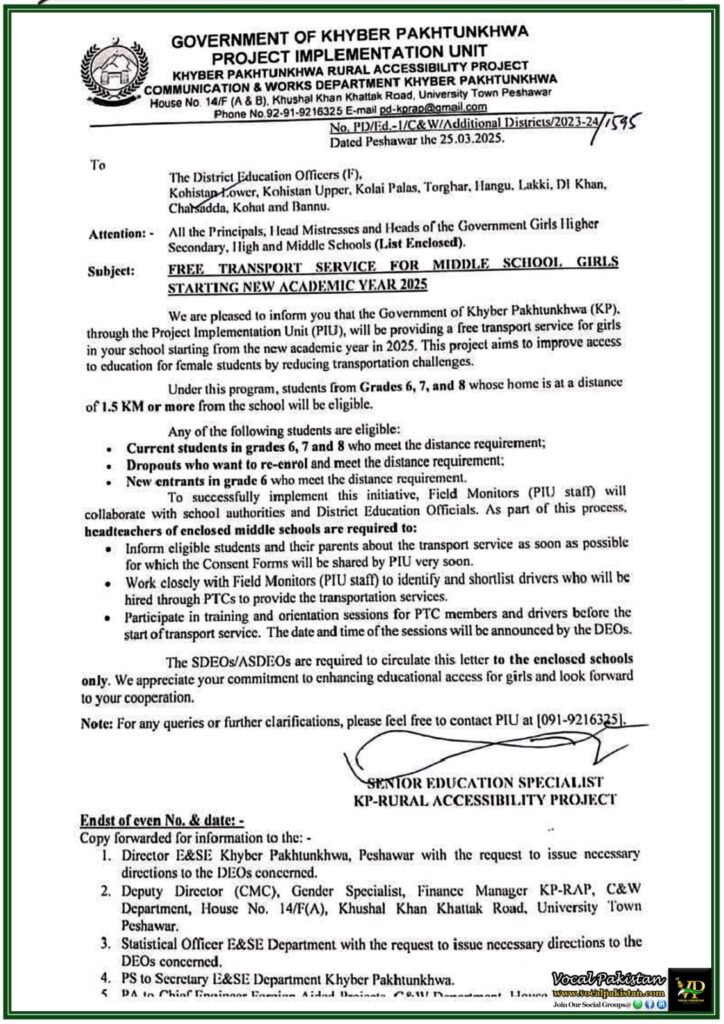 Khyber Pakhtunkhwa Government Launches Free School Transport for Middle School Girls–Official Notification