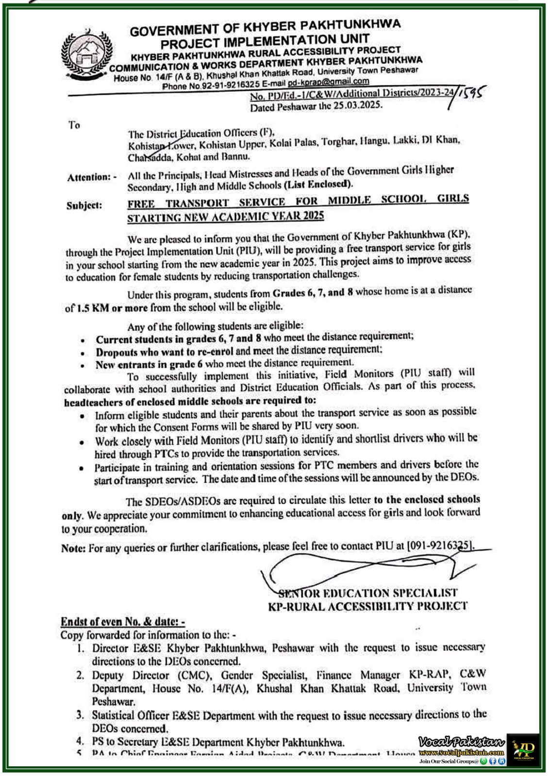 Khyber Pakhtunkhwa Government Launches Free School Transport for Middle School Girls–Official Notification