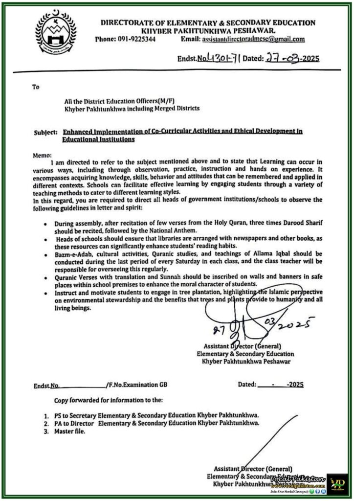 Khyber Pakhtunkhwa Schools to Boost Co-Curricular & Ethical Development–New Government Guidelines Issued 1 Khyber Pakhtunkhwa Schools to Boost Co-Curricular & Ethical Development–New Government Guidelines Issued