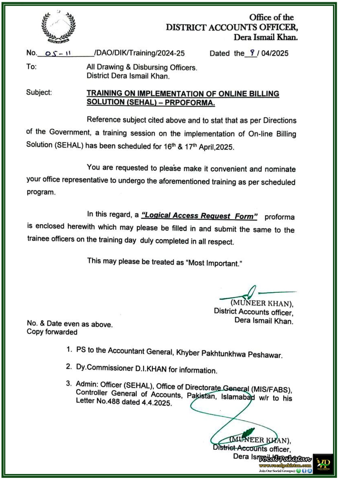 Mandatory Training on Online Billing Solution SEHAL for Govt Offices–Government of Khyber Pakhtunkhwa Notification