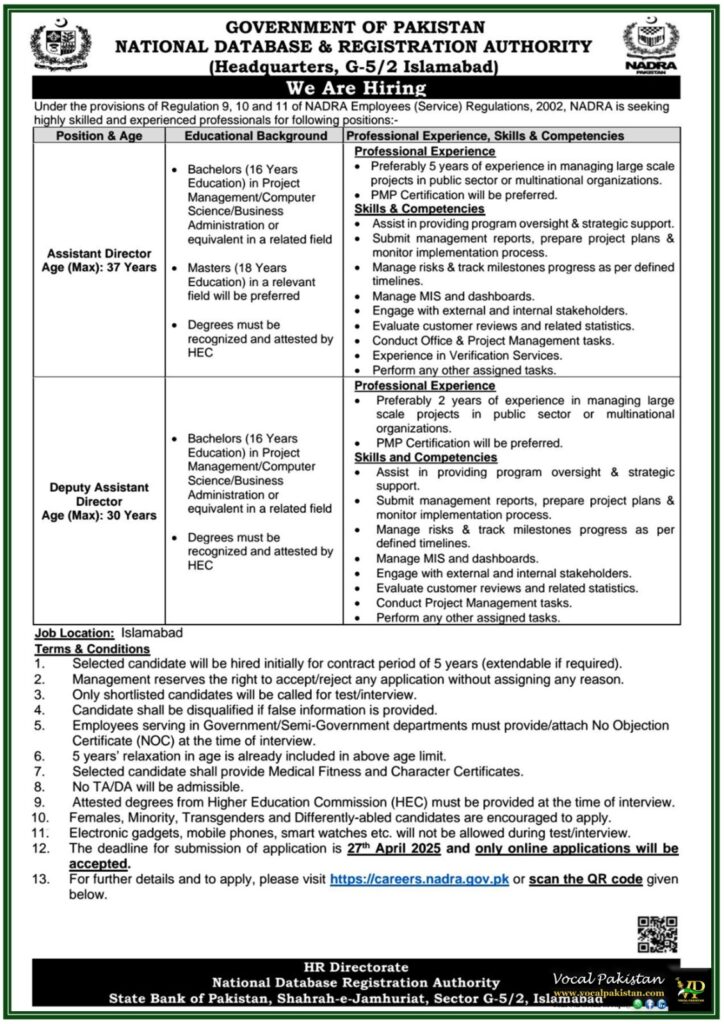 NADRA Announces Assistant Director & Deputy Assistant Director Vacancies–Apply Now