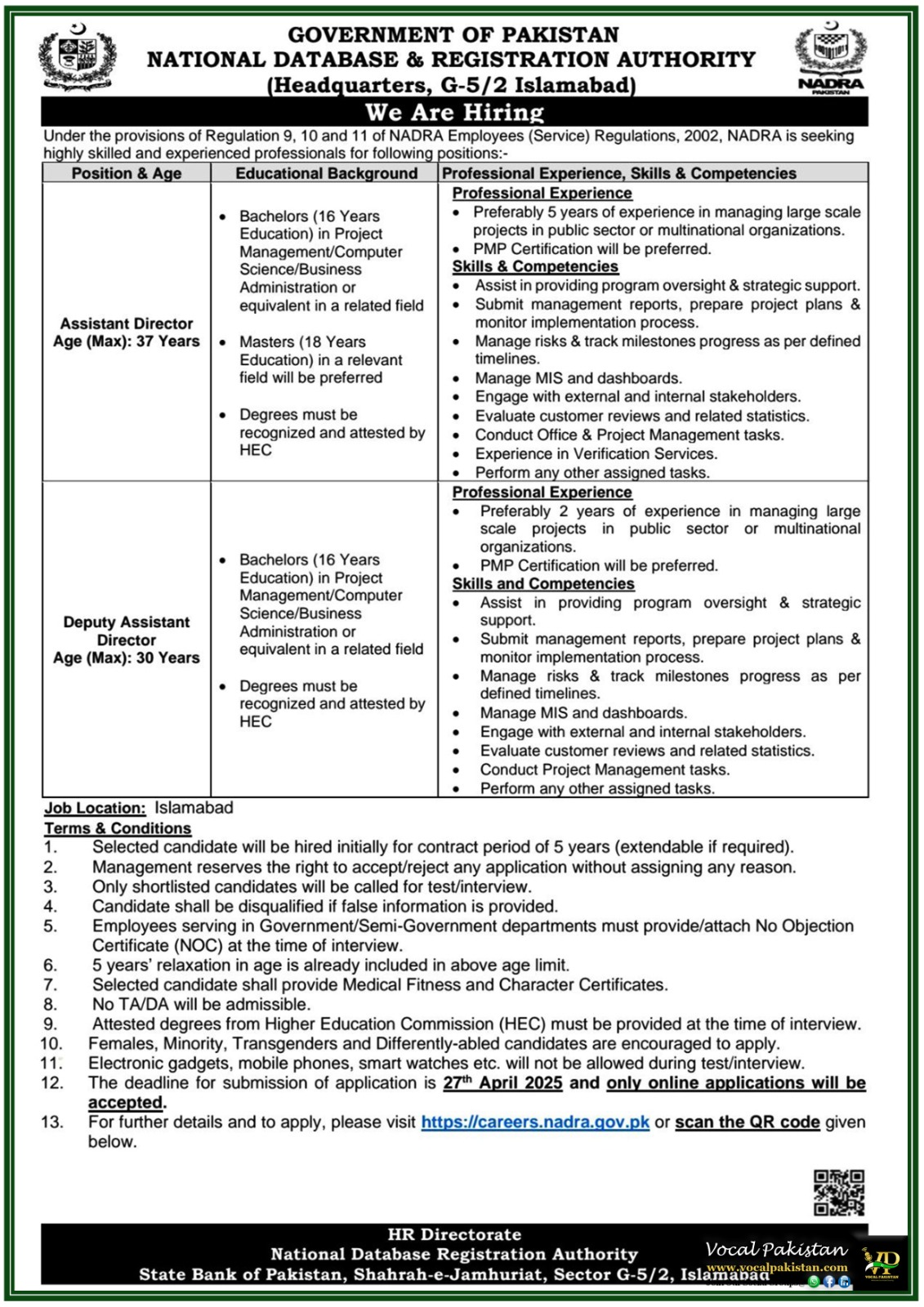 NADRA Announces Assistant Director & Deputy Assistant Director Vacancies–Apply Now