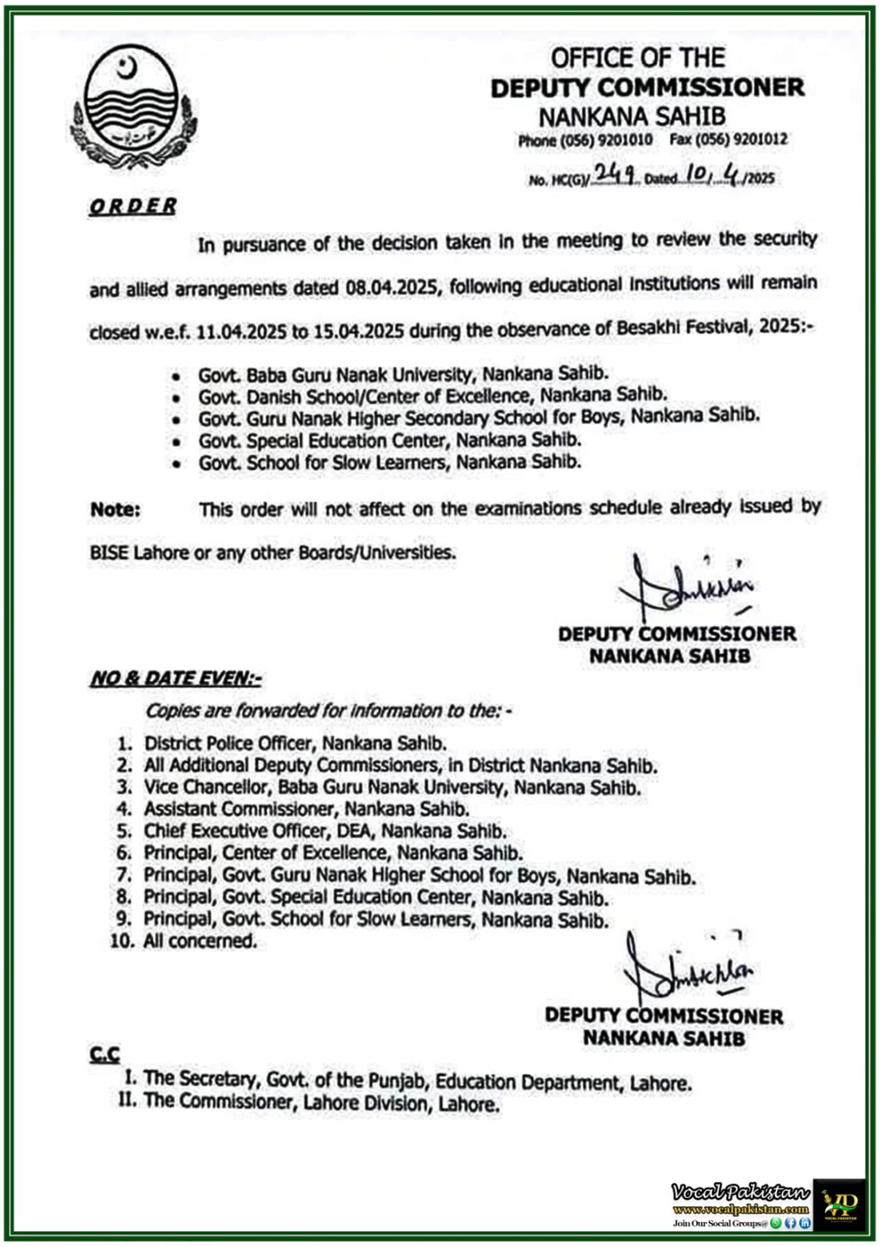 Educational Institutions to Remain Closed in Nankana Sahib for Besakhi Festival–Official Notification