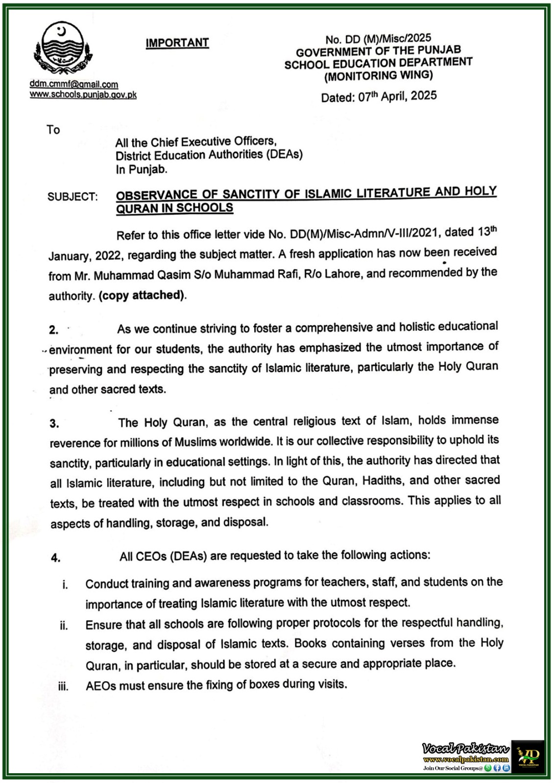 New Guidelines for Handling Quran and Islamic Literature in Schools–Punjab Education Department’s Notification