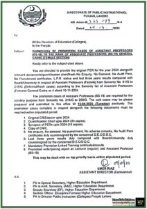 Punjab Education Department Calls for Promotion Cases of Assistant Professors–Official Notification