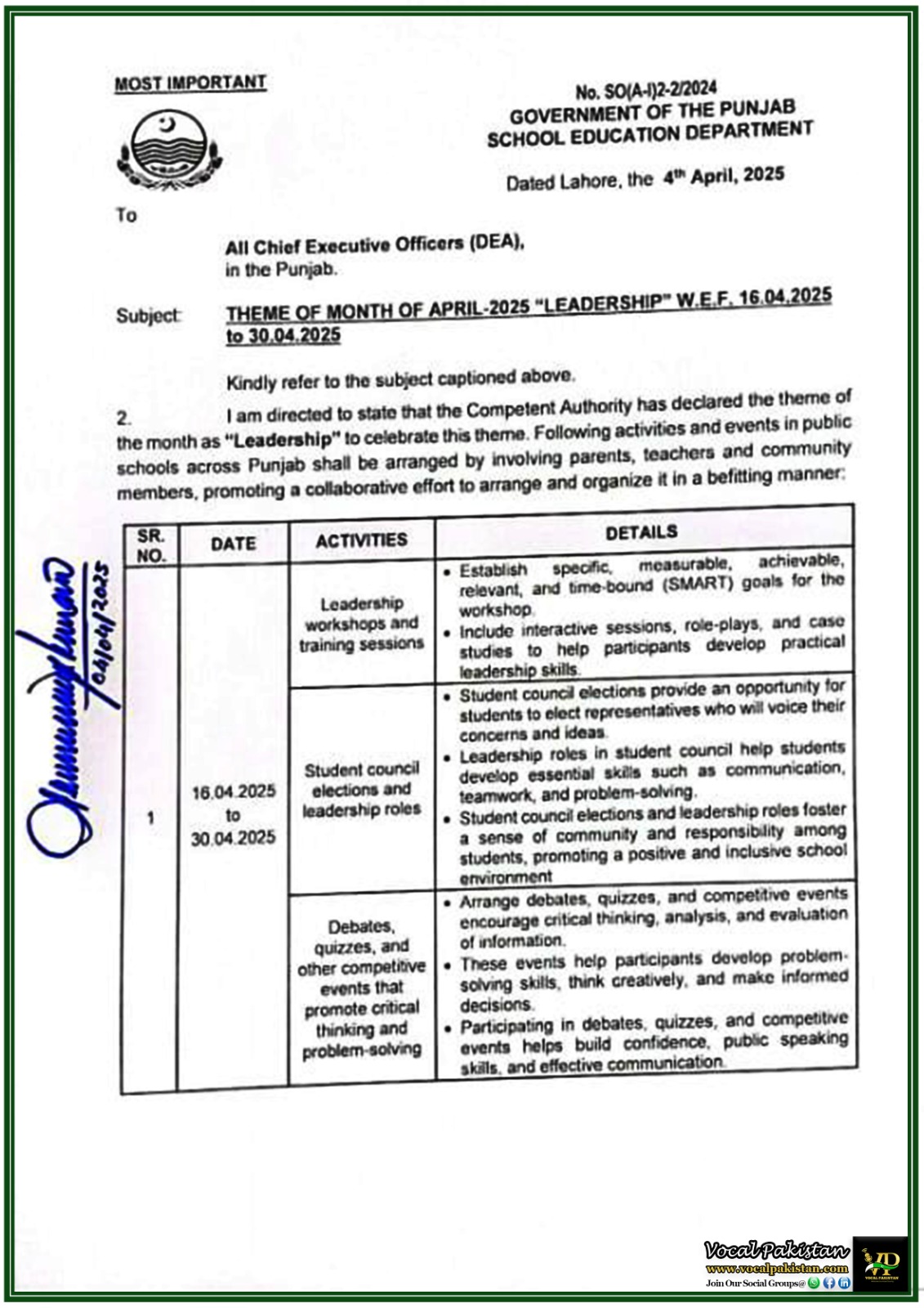 Punjab Schools to Celebrate ‘Leadership’ Month with Student Councils, Debates & Workshops