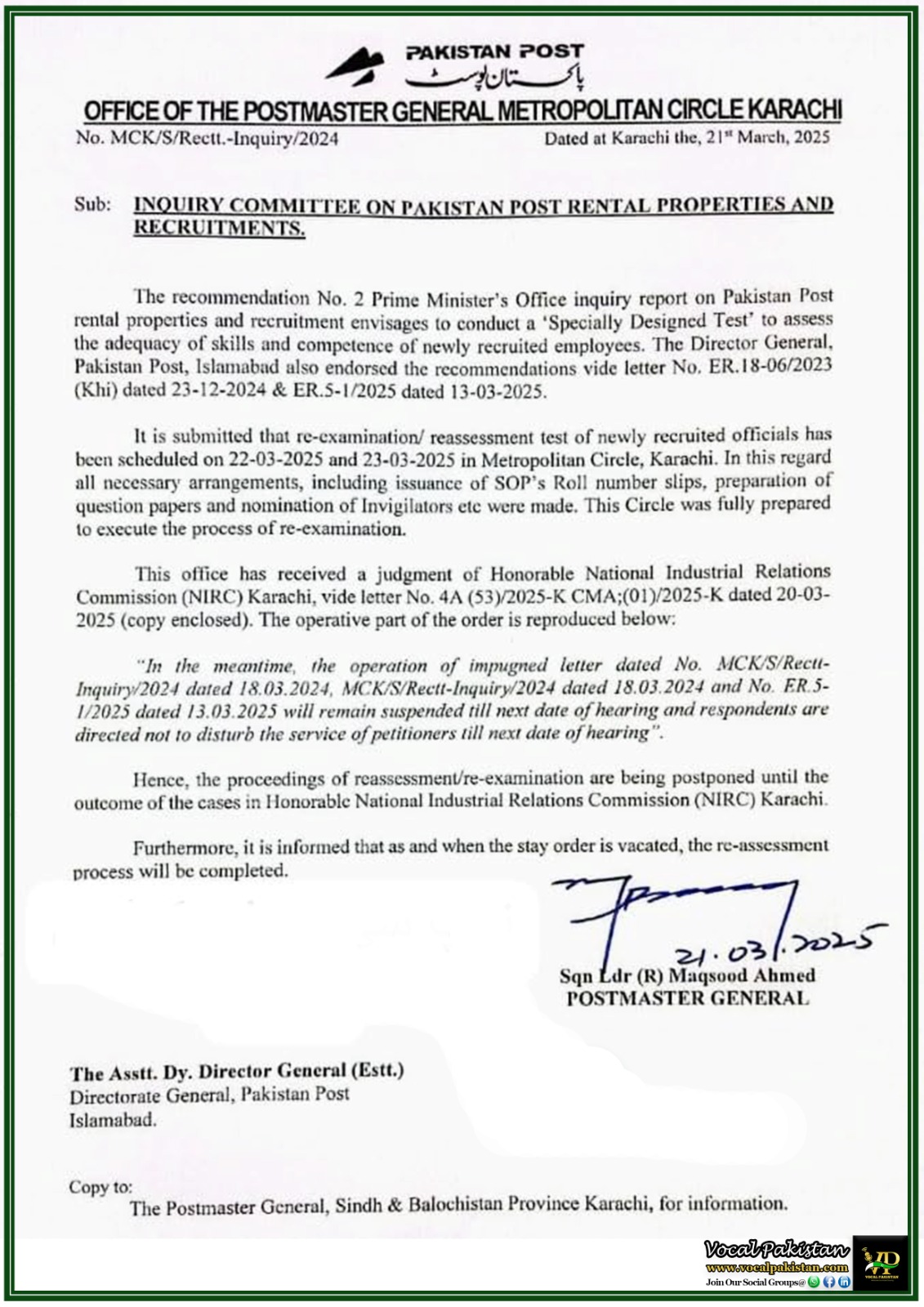 Reassessment Test for Newly Recruited Pakistan Post Employees Postponed–Notification