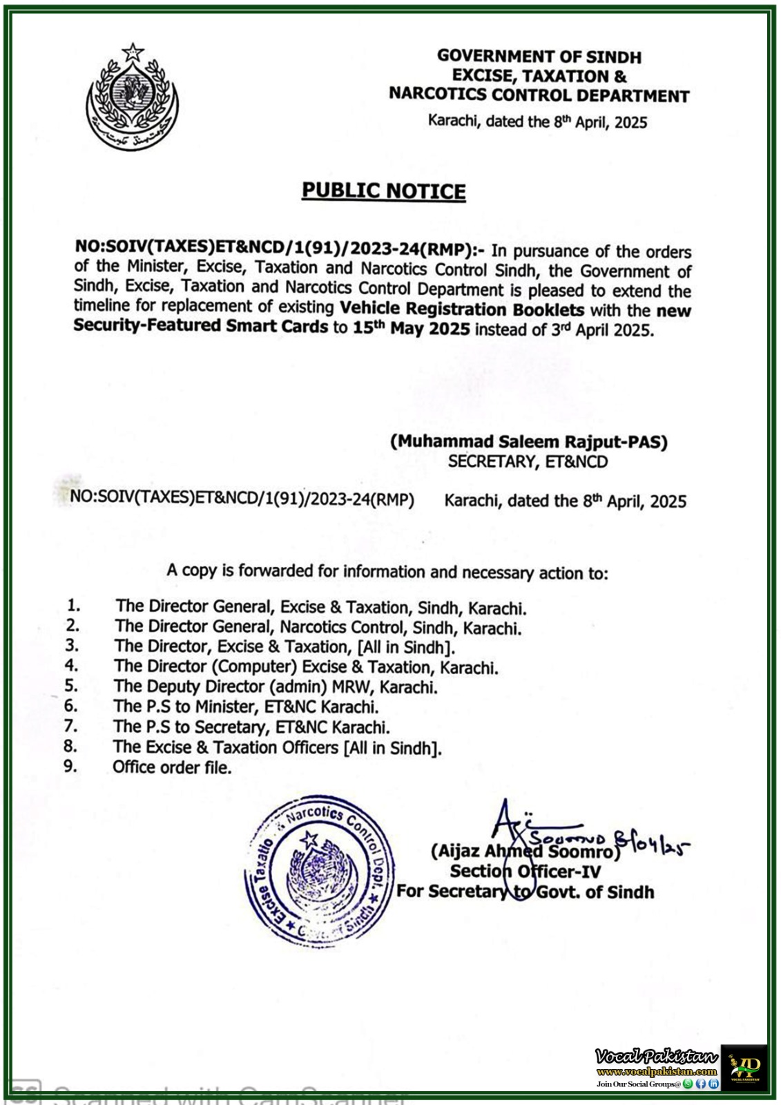 Sindh Excise Department Extends Smart Card Replacement Date to 15th May 2025-Public Notice