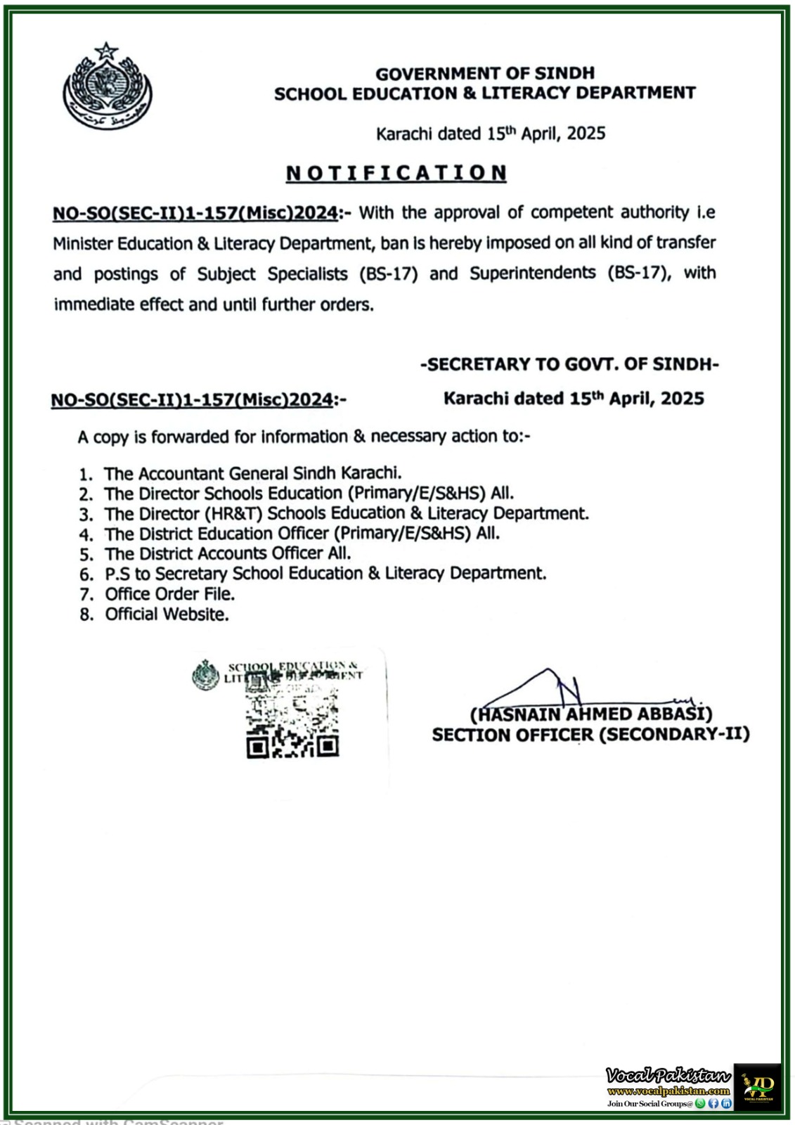 Sindh Government Imposes Transfer Ban on Subject Specialists & Superintendents–Official Notification