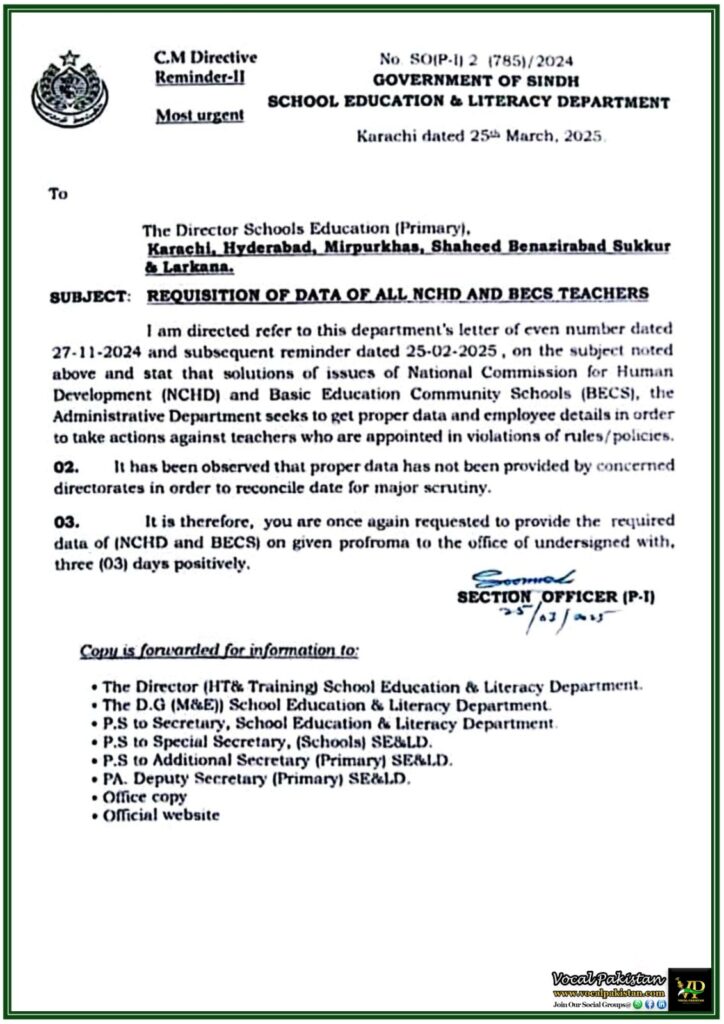 Sindh Government Issues Urgent Reminder for NCHD & BECS Teachers' Data–Notification 5 Sindh Government Issues Urgent Reminder for NCHD & BECS Teachers' Data–Notification