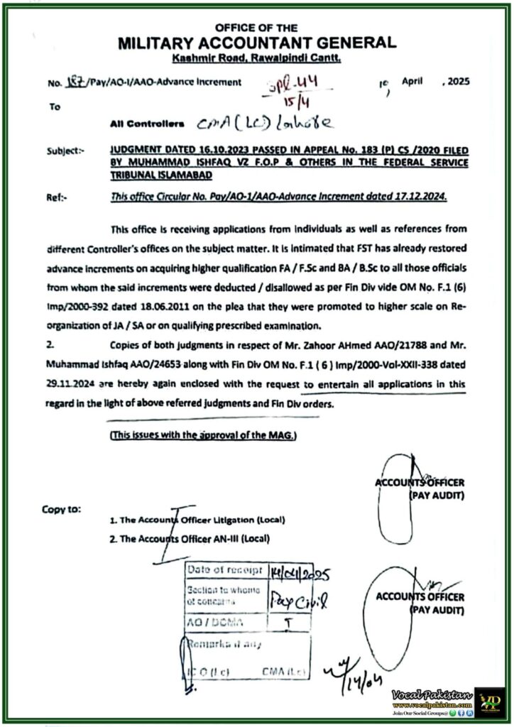 Advance Increments Restored for Government Employees with Higher Qualifications–Federal Service Tribunal Judgment Notification 4 Advance Increments Restored for Government Employees with Higher Qualifications–Federal Service Tribunal Judgment Notification