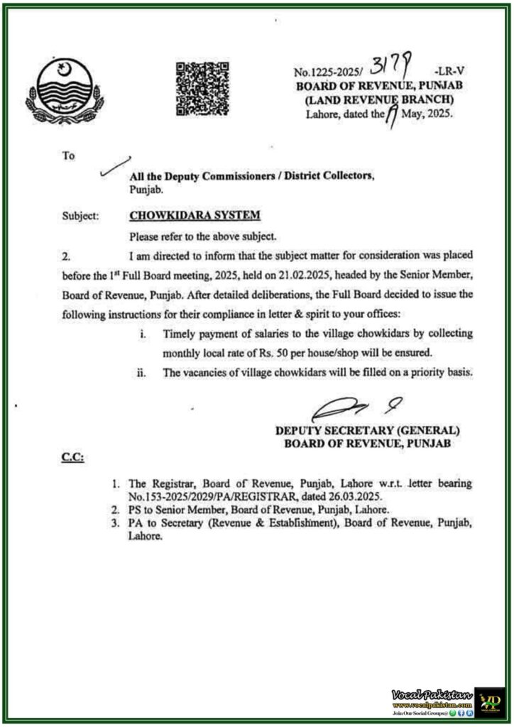 Chowkidara System Reforms Ordered by Board of Revenue Punjab–New Notification