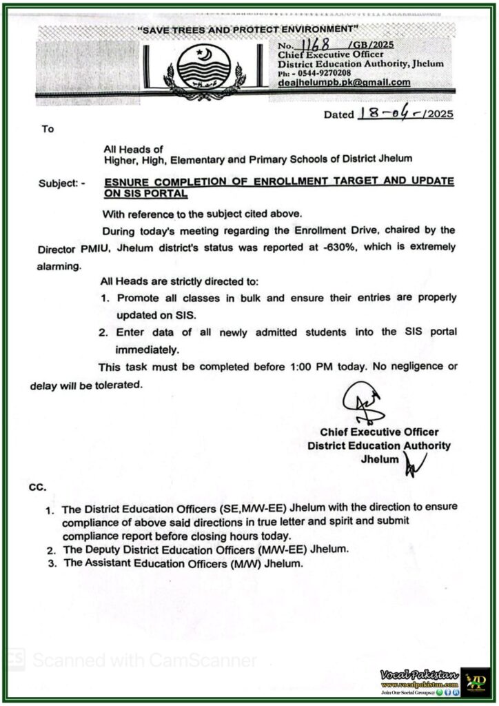 Enrollment Target Emergency in Jhelum Schools – Punjab Government Issues Strict Deadline for SIS Updates