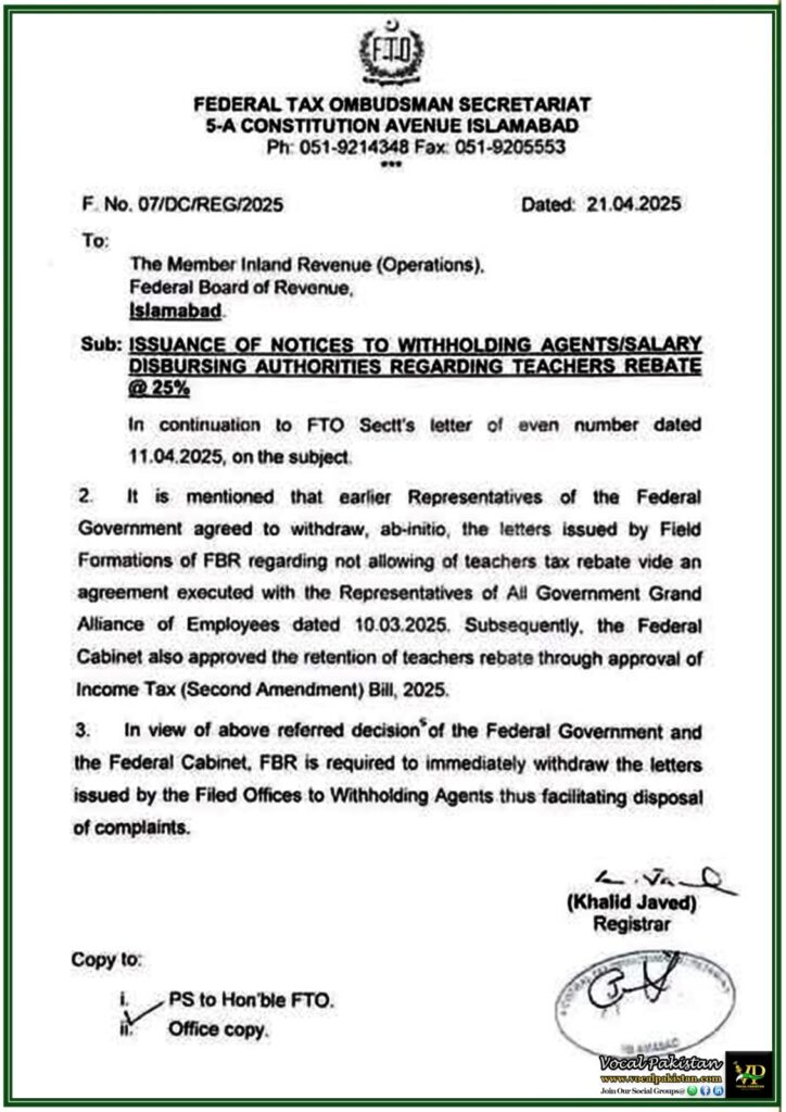 Good News for Teachers Tax Rebate Reinstated @25%–Federal Tax Ombudsman Notification