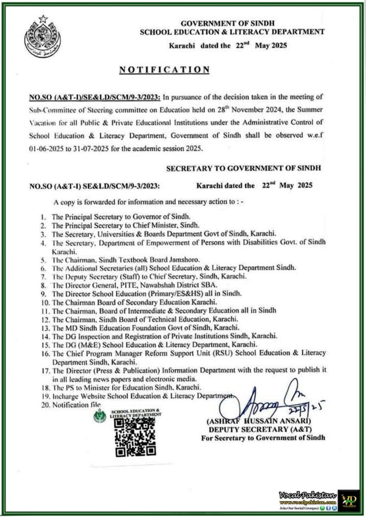 Government of Sindh Announces Summer Vacation for Public & Private Schools–Official Notification 9 Government of Sindh Announces Summer Vacation for Public & Private Schools–Official Notification