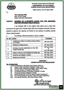 Higher Education Department Punjab Announces E-Transfer Round for Awaiting Posting Officers–Official Notification