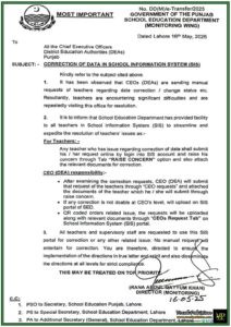 Important Notification Punjab School Education Department Makes SIS Portal Mandatory for Data Corrections-Notification