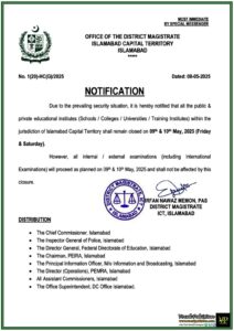 Islamabad Schools & Colleges Closed on 9th & 10th May 2025–Official Notification