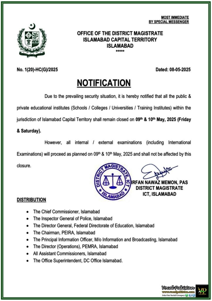 Islamabad Schools & Colleges Closed on 9th & 10th May 2025–Official Notification
