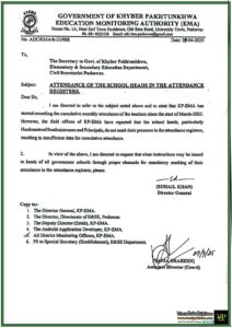 Khyber Pakhtunkhwa Education Monitoring Authority Issues Strict Attendance Policy for School Heads–Notification