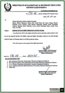 Khyber Pakhtunkhwa to Hire New Teachers for Schools via UNICEF Funds–Official Government Notification
