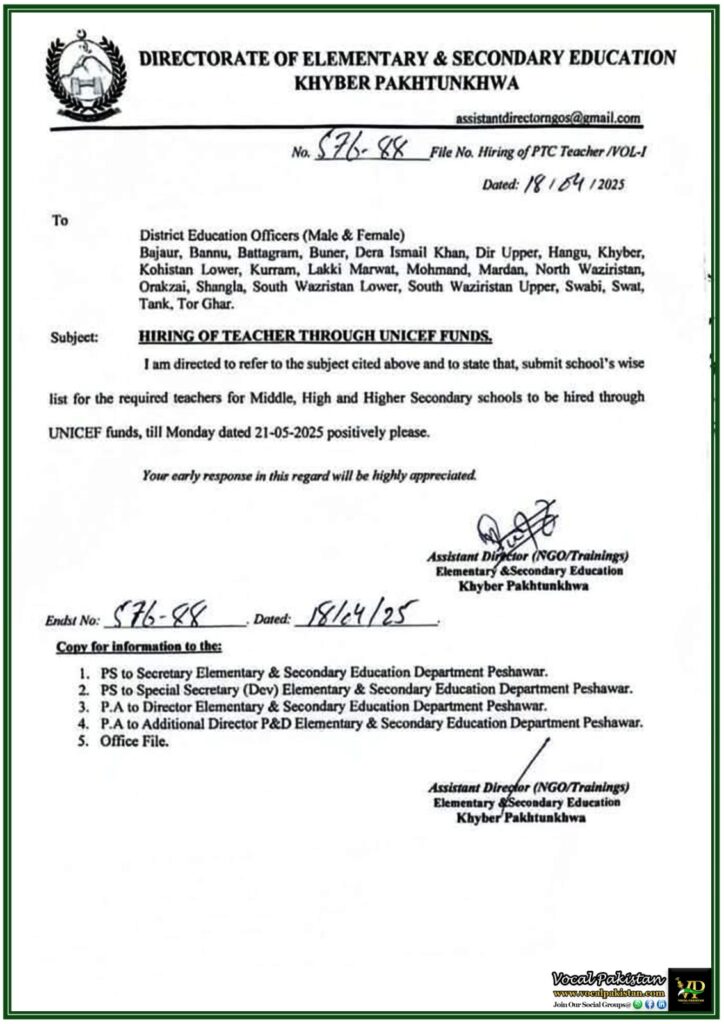 Khyber Pakhtunkhwa to Hire New Teachers for Schools via UNICEF Funds–Official Government Notification